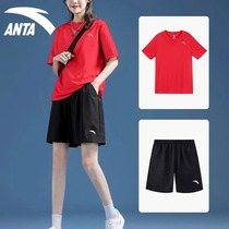 安踏运动套装红色女生夏季速干跑步服官网旗舰女装短袖短裤两件套