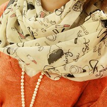 C18]韩版女士围巾 秋冬款 口红高跟鞋涂鸦防晒披肩长款 雪纺丝巾