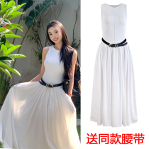 明星易梦玲同款白色连衣裙女夏季收腰高级感无袖背心裙子拖地长裙