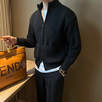 NR先生韩版纯色双拉链针织开衫男外套修身短款复古粗线立领毛衣潮