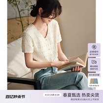 XWI/欣未肌理感轻薄透气针织衬衫女夏季新款优雅气质V领短袖上衣