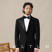 CULTUM缎面戗驳领对扣黑色塔士多结婚礼服西服套装男新郎正装西装