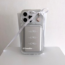 韩国ins少女蝴蝶结银色皮革磁吸无线充magsafe磁吸卡套适用于iphone15pro/14promax苹果13/12/11手机壳保护套