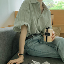 夏季女装韩版批新款发宽松设计感小众上衣学生休闲条纹短袖衬衫潮