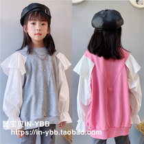 2021春季新款女童韩版飞袖甜美拼接卫衣儿童百搭上衣21023