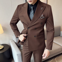高级感商务休闲男士修身双排扣西服套装韩版英伦正装西装三件套潮