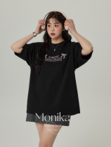 摩妮卡大码韩版短袖T恤女夏季2024新款胖MM宽松显瘦纯棉黑色上衣