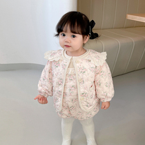 ins冬季韩系童装女宝宝碎花娃娃领夹绒棉服外套新生婴儿哈衣套装