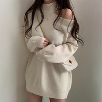 韩国chic秋冬设计感露肩高领毛衣中长款宽松外穿针织连衣裙短裙女