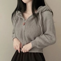 韩国chic秋冬法式复古设计感拉链连帽长袖短款针织衫毛衣开衫外套