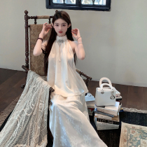 FairyJiang夏季新中式缎面白色挂脖背心套装女提花半身长裙两件套