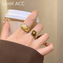 法式复古风琥珀色锆石戒指小众设计高级精致感开口可调节戒指饰品