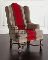 法国法式乡村风格实木铆钉布艺条纹单人位沙发椅老虎椅高背椅家具
