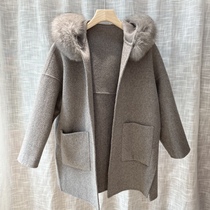 灰色大毛领双面羊绒大衣2021冬季新款韩版系带狐狸毛羊毛呢外套女