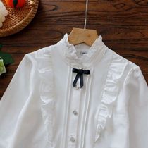 新品中大女童装法式纯棉针织弹力白色小立领领衬衫学院打底衫991