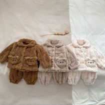 冬季婴儿珊瑚绒家居服套装男女童可爱小熊毛绒开衫+长裤保暖睡衣