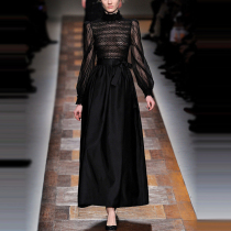 欧洲站明星同款女装春夏季新款法式优雅黑色赫本风蕾丝拼接连衣裙