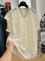 高级感独特短袖蕾丝衫女夏季宽松镂空T恤打底衫气质法式时尚上衣