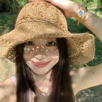 夏季手工编织镂空草帽女新款海边沙滩遮阳防晒大檐法式可折叠帽子