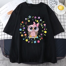 Cute Owl T shirt 超火卡通猫头鹰T恤女学生夏季黑色大码短袖上衣