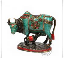 包邮  印度进口  铜镶绿松石红宝石母子牛摆件