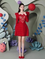 名媛小香风泡泡袖连衣裙女越南设计师小众气质大红色小礼服裙子