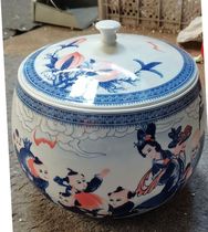 景德镇陶瓷米缸盖缸手绘青花釉中彩麻姑献寿储物盖缸装15斤大米