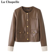 拉夏贝尔/La Chapelle秋季新款pu皮衣女撞色圆领长袖机车服短外套