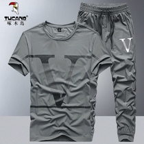 啄木鸟新款冰丝短袖套装男夏季宽松t恤长裤男士跑步运动服两件套