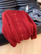 红色新年亮片毛衣外套女春秋冬季设计感过年本命年针织开衫上衣厚