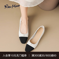 REEMOOR睿慕2024春季新款法式黑白拼接女鞋小香风平底鞋粗跟单鞋
