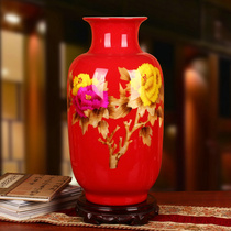 景德镇陶瓷器 中国红麦秆国画牡丹富贵花瓶 现代中式婚礼装饰摆件