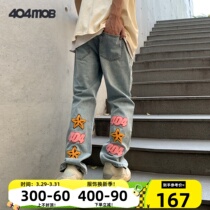 404MOB<em>牛仔裤男</em>小众设计感美式高街vibe修身裤毛巾绣直筒休闲长裤