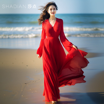 2024<em>红色连衣裙</em>V领修身显瘦超长款大摆裙长裙海边旅游度假沙滩裙