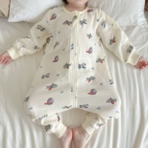 宝宝睡袋夏季纯棉长袖连体睡衣婴儿双层泡泡纱布防踢被儿童空调服