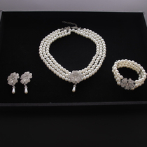 赫本复古90年代珍珠项链耳环手链三件套新娘结婚饰品女生首饰套装