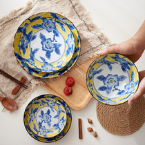 美浓烧日本进口釉下彩黄彩牡丹家用陶瓷餐盘日式餐具菜盘饭碗套装