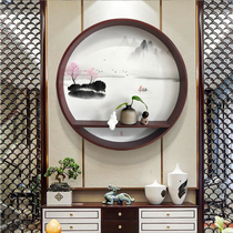 圆形日式装饰画玄关茶室装饰新中式山水挂件客厅背景墙禅意置物架