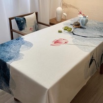桌布水墨画荷花新中式日式桌布加厚棉麻定制书桌布棉麻长方形家用