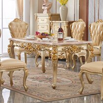 欧式餐桌椅组合实木雕花小户型餐厅大理石饭桌家用长方形桌子金色