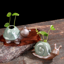 可爱动物陶瓷哥窑乌龟蜗牛花盆水培花器桌面家用茶盘摆件鱼缸造景