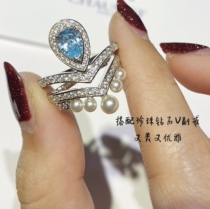 不掉色CHAMUNT约瑟芬水滴海蓝宝戒指女铂金纯银蓝宝石指环心形钻