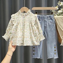 女童套装<em>2021春装新款</em>网红宝宝公主娃娃衬衫软牛仔裤两件套洋气潮