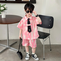 男童粉色衬衫套装夏季新款儿童港风领带短袖短裤两件套街舞表演服