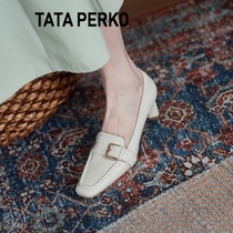 TATA PERKO联名法式真皮米白色高跟鞋女小方头粗跟单鞋通勤乐福鞋
