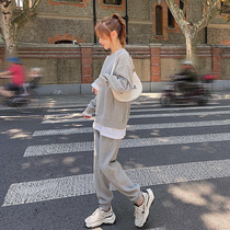 休闲运动套装女2021年秋冬新款韩版假两件卫衣束脚裤时尚两件套潮