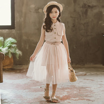 女童连衣裙2021夏装韩版新款套装 中大童时尚无袖肩扣纱裙两件套