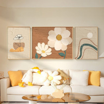 温馨奶油风客厅沙发背景墙装饰画原木风油画肌理挂画抽象三联壁画