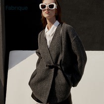 Fabrique【A摆大衣】羊毛混纺拼接皮袢短款毛呢外套女新款呢大衣