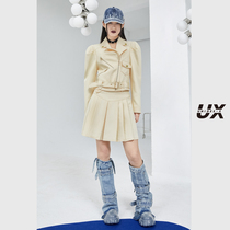 浅黄色羊腿袖机车服外套UX经典春秋季款女装高级时尚气质显瘦修身
